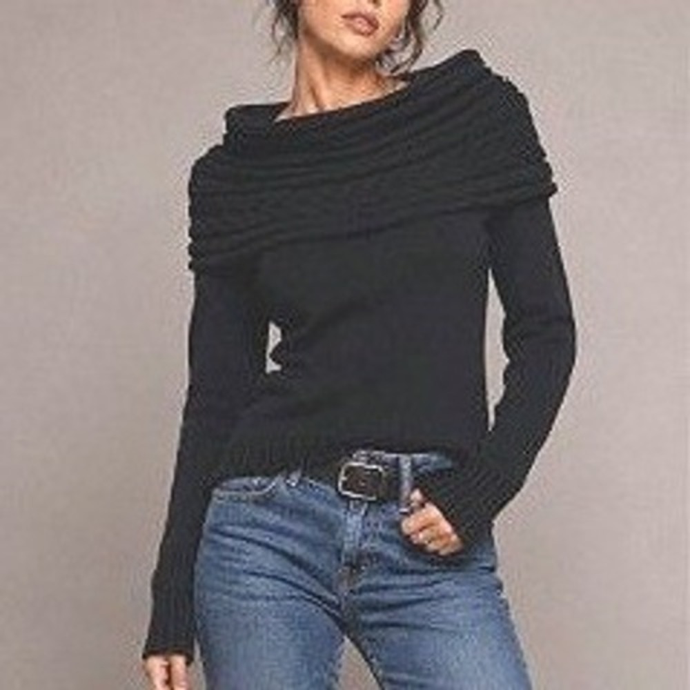 VTG Jones New York Black Cowl Neck Chunky Knit Fitted Long Sweater S